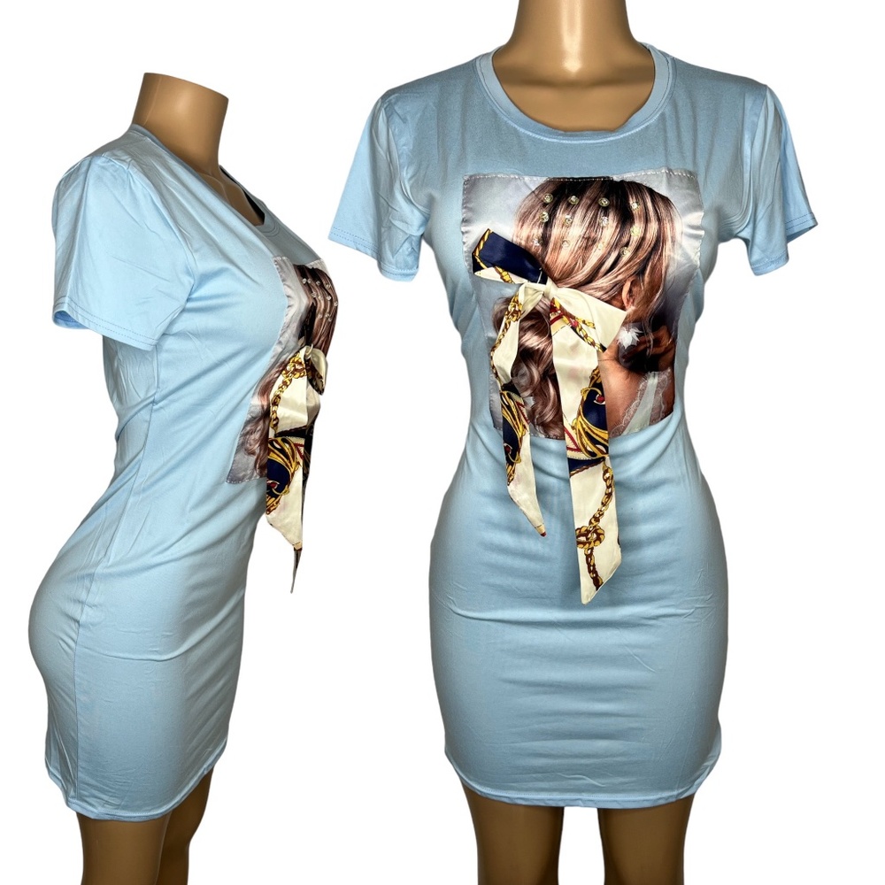True Size M Light Blue Bodycom Women Dress 3D Design Casual Stretchy Mini Dress